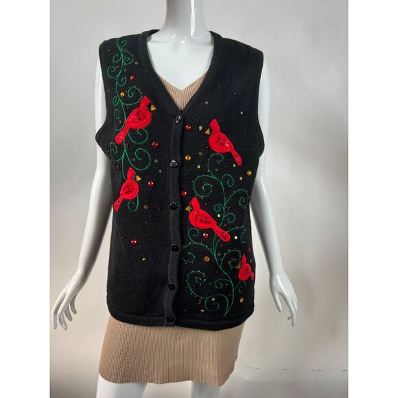 Kim Rogers Womens Festive Cardinal Embroidered Sweater Vest Black Size L - Picture 14 of 16
